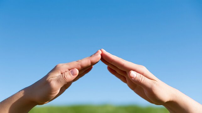 Two hands touching fingertips against a bright blue sky with green grass below symbolizing unity and protection.