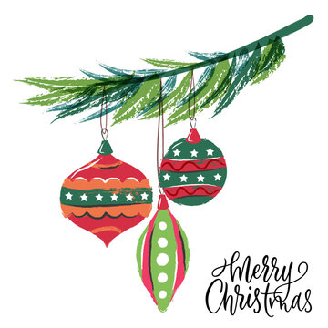 Vector watercolor pine branch with hanging christmas baubles. Seasonal holiday greeting card, print design element