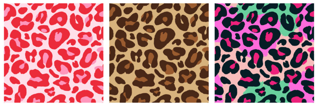 Vector leopard seamless pattern set. Cheetah animal textures fur background, textile print, wrapping paper design