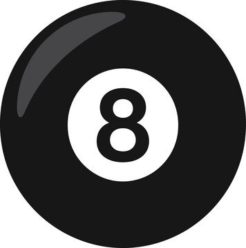 Black billiard ball number eight isolated on white background, classic pool game eight ball, round black sphere with white number 8, snooker and billiards sport symbol object