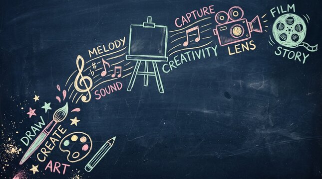 Chalkboard background with hand-drawn creativity and art doodles, copy space
