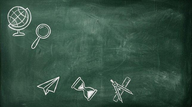 Green chalkboard background with hand-drawn math and school icons