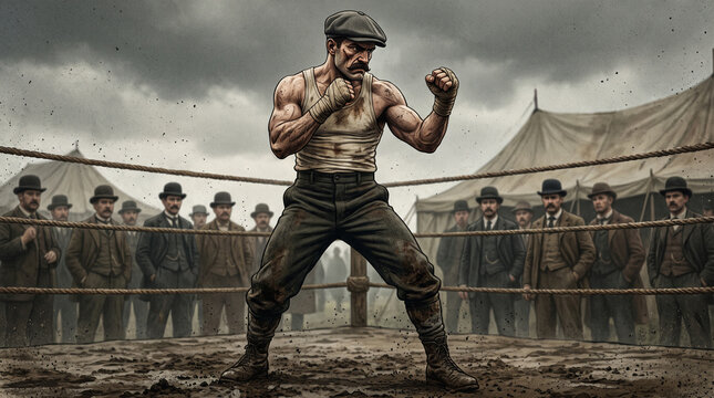 A vintage illustration of a muscular bare-knuckle boxer with a mustache standing in a muddy outdoor ring with his fists raised, as a crowd of men in retro hats watches under a stormy sky.