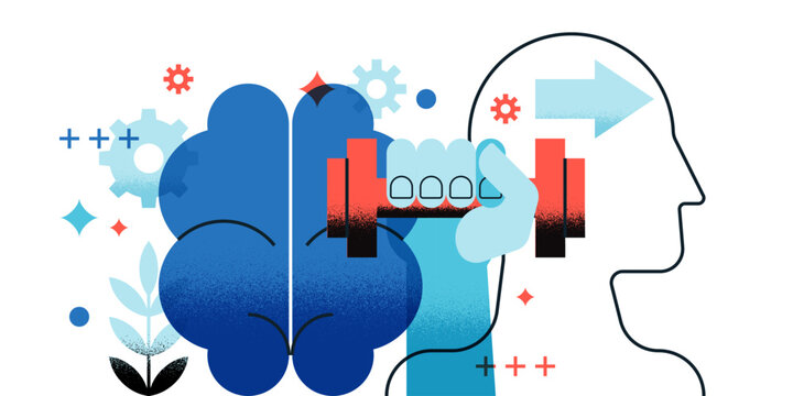 Mental health and brain training concept. Vector flat textured illustration of human mind with hand holding dumbbell