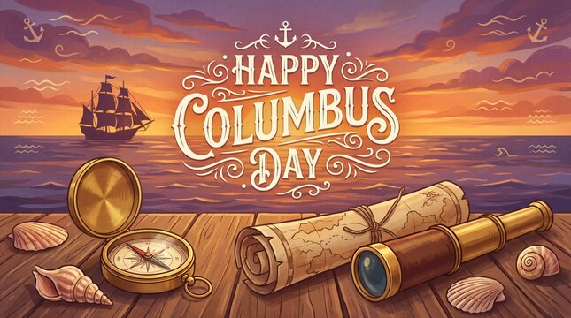 Happy Columbus Day background with vintage navigation tools like a compass and telescope