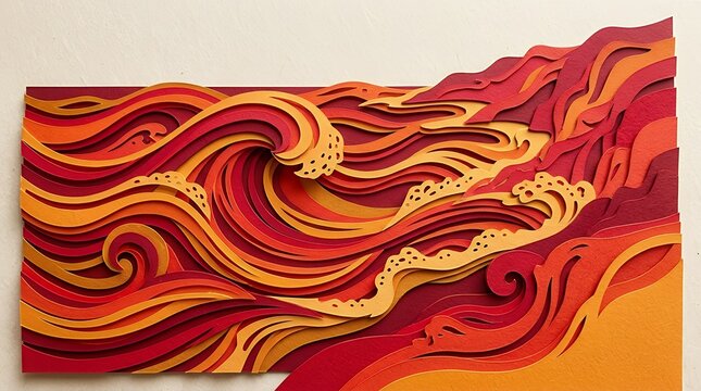 Vibrant Crimson and Amber Layered Paper Cut Coastal Waves Abstract Design for Decorative Banner Cover Poster and Digital Media Background papercut abstract wave ocean coast sea red orange layer