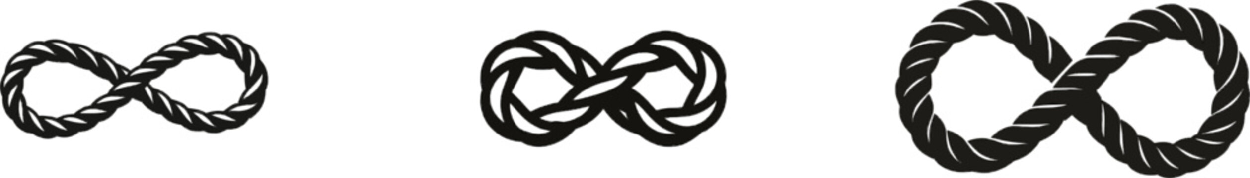 A premium black-and-white infinity symbol icon crafted from knotted cord, featuring solid black lines and fills in a modern UI style, set against a pure white background for an exclusive minimalist