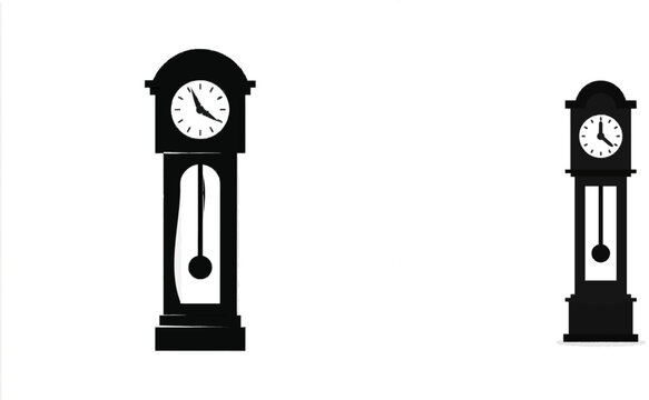 A premium black and white flat vector icon of an old grandfather clock striking midnight, featuring solid black lines and fills in a modern UI style with an exclusive minimalist design isolated on a