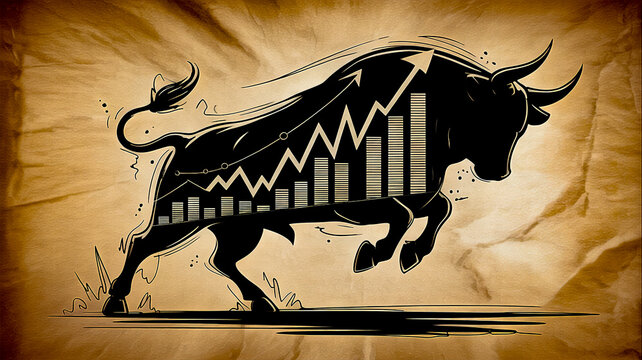 Stock market bull silhouette with upward growth chart on vintage paper