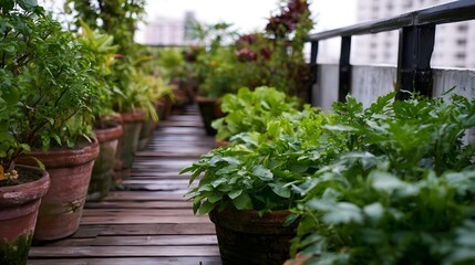 Fototapeta premium Rows of potted green plants line a wooden deck on a rooftop garden under soft natural light with blurred cityscape background