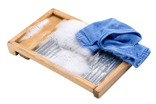 Foamy washing liquid with blue cloth on wooden washboard isolated on transparent background PNG element