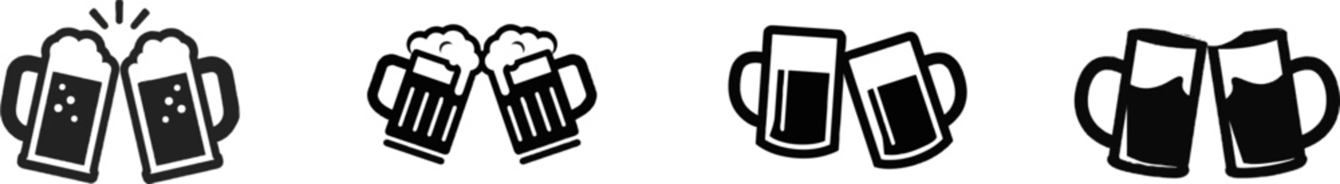 A premium black and white flat vector icon of clinking glass beer steins in modern UI style, featuring solid lines and minimalist design isolated on a pure white background