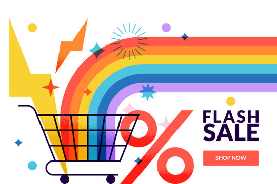 Vector flash sale banner with shopping cart, rainbow and percent sign. Concept for discount coupon, shopping voucher