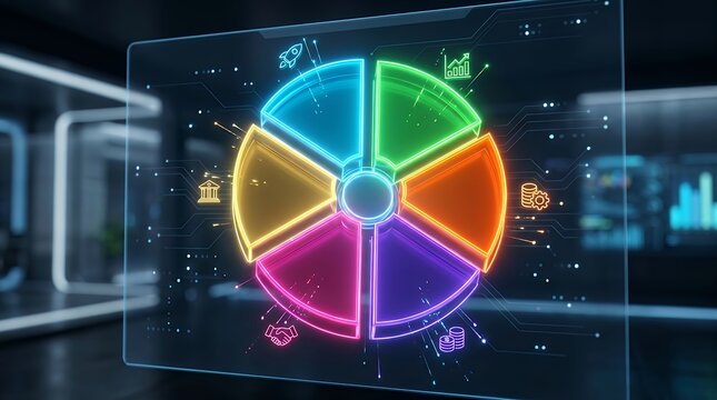 Modern Glowing Six Sector Pie Chart Infographic Tech Dashboard Executive PresentationTemplate infographic pie chart data visualization bigdata 3d glowing slices sectors fintech dashboard