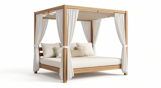 Luxury wooden outdoor cabana daybed with white canopy curtains and pillows isolated on white background. Empty patio furniture mockup for summer resort.