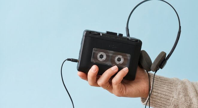 Hand holding a black vintage portable cassette player with retro headphones on a light blue background. Nostalgic 80s and 90s music listening concept.