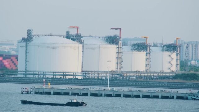 Large industrial storage tanks at waterfront energy terminal in Shanghai, China. Modern fuel storage and logistics infrastructure, energy distribution, maritime transportation, industrial operations