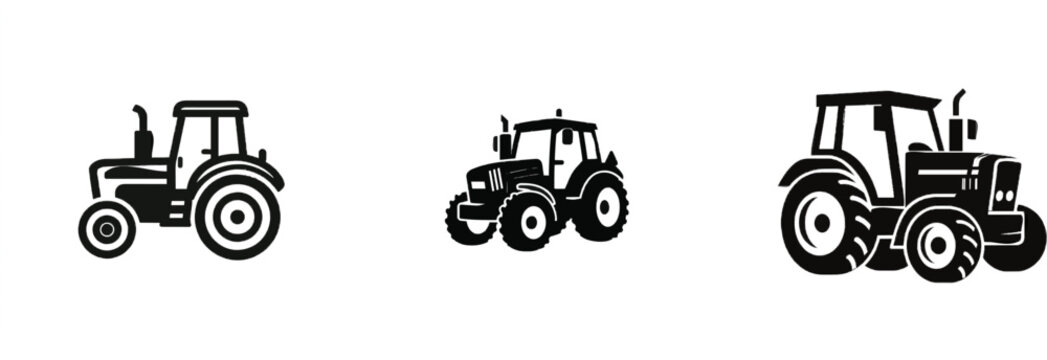 A premium black and white flat vector icon of a modern agricultural tractor, featuring solid black lines and fills in a minimalist style, set against a pure white background