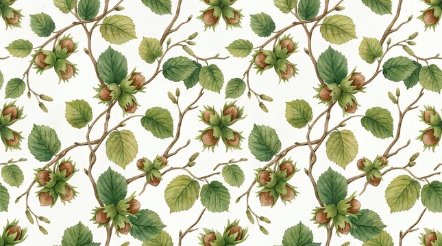Watercolor Seamless Pattern Botanical Hazelnut Branch Nuts Eco Food White Paper Backdrop watercolor seamless pattern hazelnuts hazelnut nuts organic food botanical seamlesspattern repeating nature