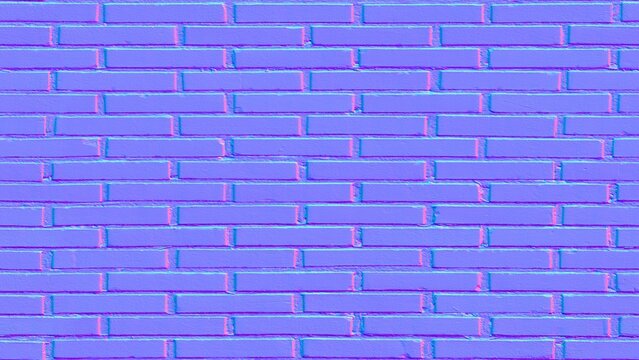 Seamless normal map texture featuring a classic running bond brick wall pattern designed for 3D computer graphics and digital rendering. 