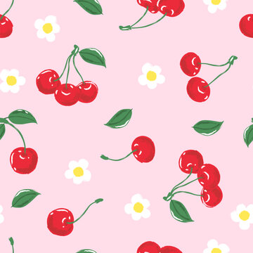 Vector watercolor seamless pattern with cherry, white flowers. Wrapping paper, fashion textile print, background design