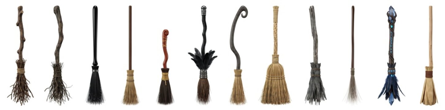 Various brooms are arranged in a straight line on a white background. These items show different designs suitable for Halloween themes and decoration