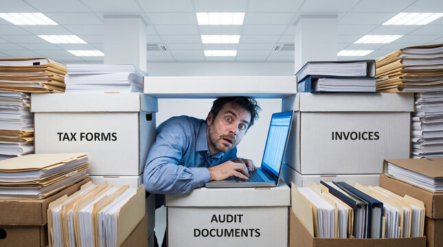 A stressed male office worker is squeezed into a tiny gap between towering stacks of archive boxes labeled tax forms and invoices, desperately working on his laptop in an overwhelming workplace.