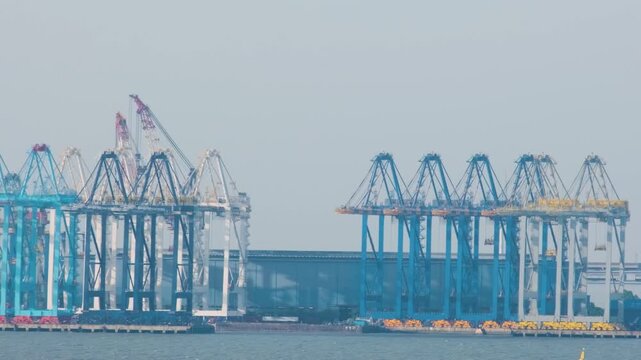 Large container cranes operating at cargo terminal in Shanghai, China. Modern port infrastructure, international trade, container shipping, maritime logistics, global supply chains
