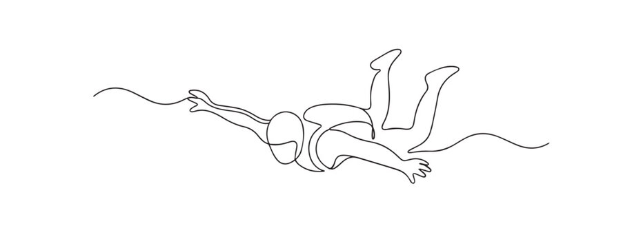 Single line drawing of a skydiver jumping from an airplane. Continuous line drawing of an athlete entering free fall after leaving an aircraft. Representing aerial adventure and sport.