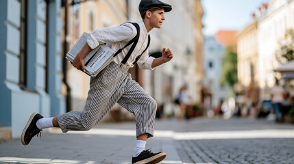 Fototapeta premium Vintage-inspired newspaper delivery boy running through a historic city street carrying a stack of newspapers, traditional journalism, print media history, nostalgic urban scene,