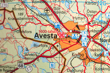 Obraz premium Detailed vintage road map highlighting Avesta and surrounding Swedish towns.