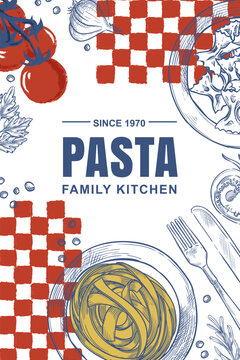 Vector frame with Italian pasta and ingredients. Perfect for restaurant menu, cafe banner, food packaging, poster