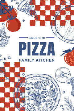Vector sketch art collage of Italian pizza, tomatoes, checkered pattern. Design for pizzeria menu, cafe delivery banner