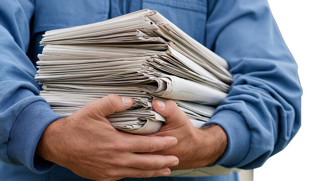 Newspaper delivery worker holding a large stack of newspapers isolated against a transparent studio-style background, journalism, print media, newspaper carrier, traditional