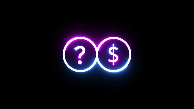 Neon question mark and dollar sign icon glowing on dark background for financial concept loop