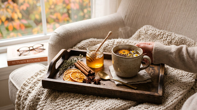 Person holding hot tea near wooden tray by window on cozy autumn day
