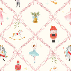 Fototapeta premium Watercolor Nutcracker Christmas Seamless Pattern with pink Ribbon Lattice, Ballerina and Holiday Characters