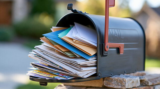Overflowing residential mailbox filled with letters, envelopes, newspapers and promotional flyers, busy correspondence, mail delivery, communication overload, everyday lifestyle,
