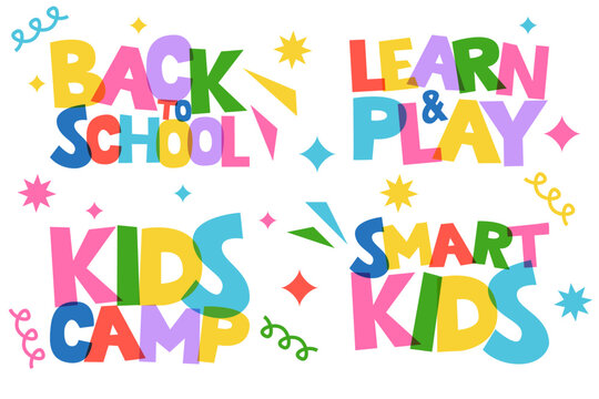 Kids lettering vector set. Children education center, school advertising, summer camp, preschool design elements