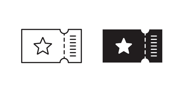 Ticket icon set with star in outline and filled styles. Cinema and movie ticket with entertainment, lottery, travel and event admission themes. Entry pass and booking symbol. Vector illustration