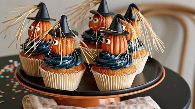 Delicious pumpkin and hat cakes on the table, festive Halloween