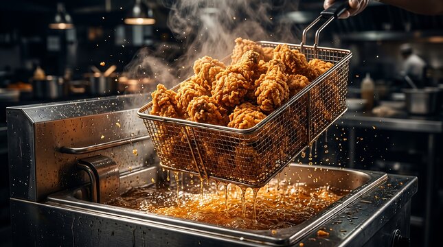 A chef lifting a basket of crispy fried chicken from a deep fryer in a bustling commercial kitchen, with oil dripping and steam rising.