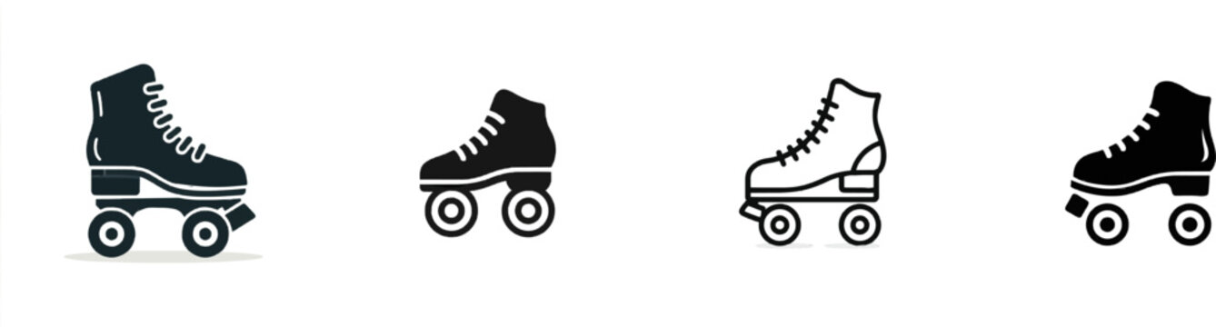 A premium black and white flat vector icon of a retro four-wheel roller skate, solid black lines and fills, modern UI style, exclusive minimalist design, isolated on a pure white background