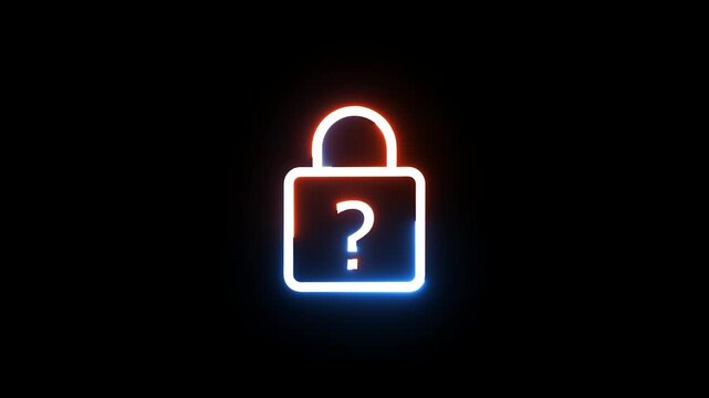 Neon padlock icon with question mark pulsing light effect against dark background motion graphic