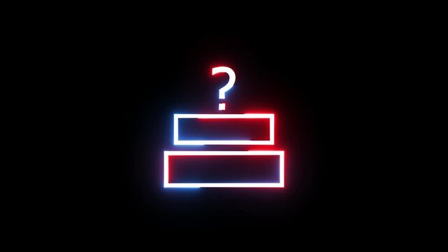 Neon glowing question mark symbol atop two stacked blocks against dark background animation