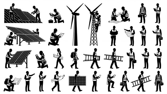 Set of renewable energy workers silhouettes flat vector design illustrating installation and maintenance of solar panels and wind turbines