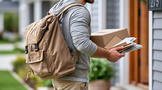 Young mail carrier delivering newspapers and envelopes to a residential doorstep, postal service, newspaper delivery, morning routine, local community, correspondence, home
