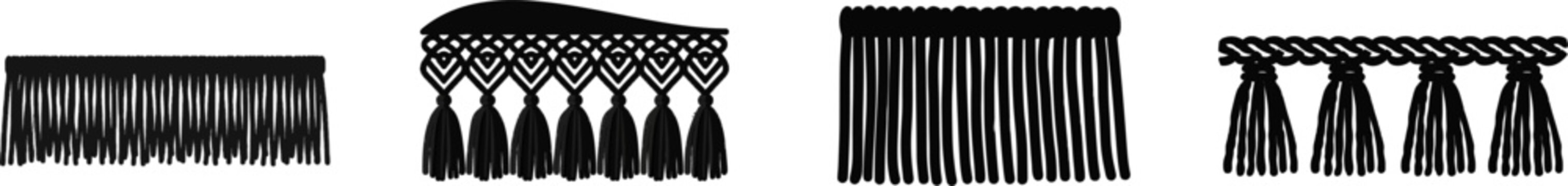 A sleek, minimalist black and white icon of a fluffy macrame fringe section with solid lines and fills, designed for modern UI aesthetics on a pure white background