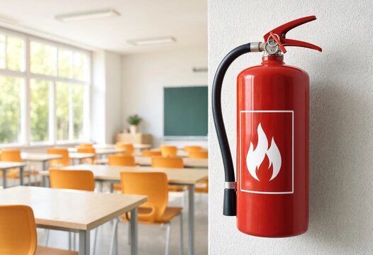 
Red fire extinguisher mounted on classroom wall symbolizes school safety, emergency preparedness, fire protection, education, prevention, equipment, security, training, students, teachers, facility, 