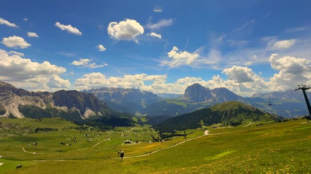  Seceda ridge in the Dolomites, highlighting jagged cliffs and green meadows